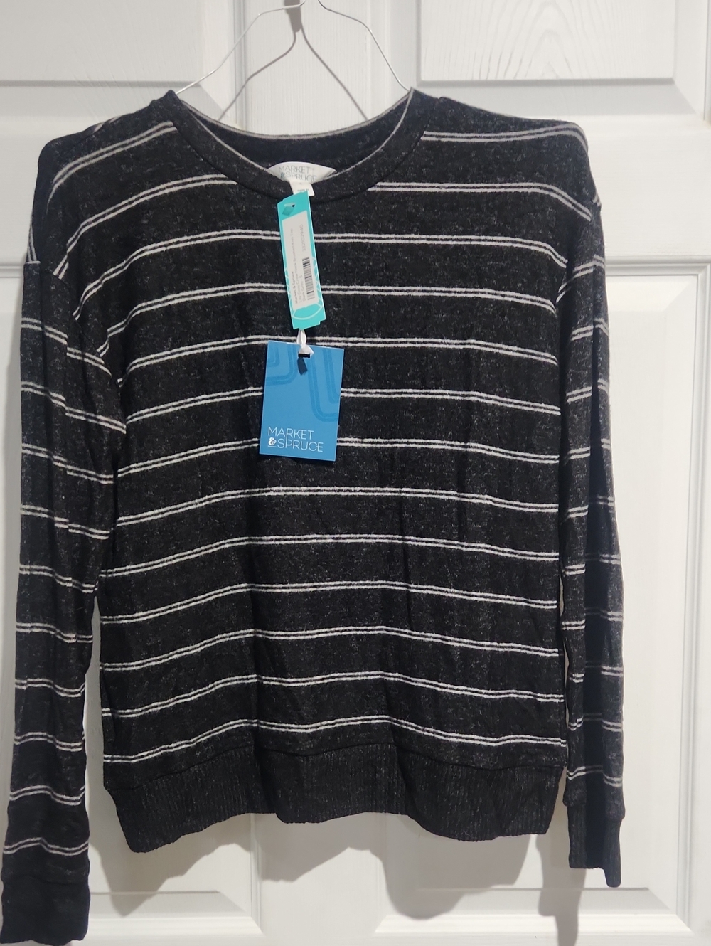 Market & Spruce Black with White Stripes Knit Crewneck Sweater